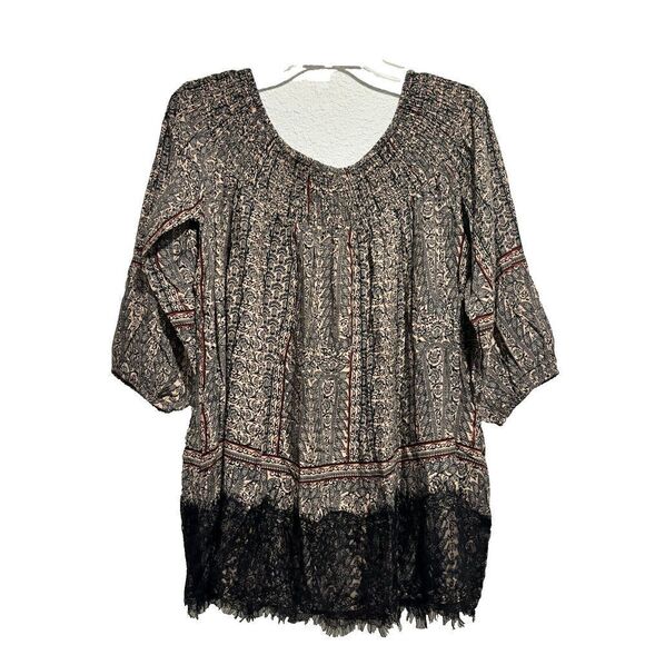 NWT Anthropologie Vanessa Virginia Off Shoulder Blouse M Black Motif Boho Floral - Picture 2 of 9